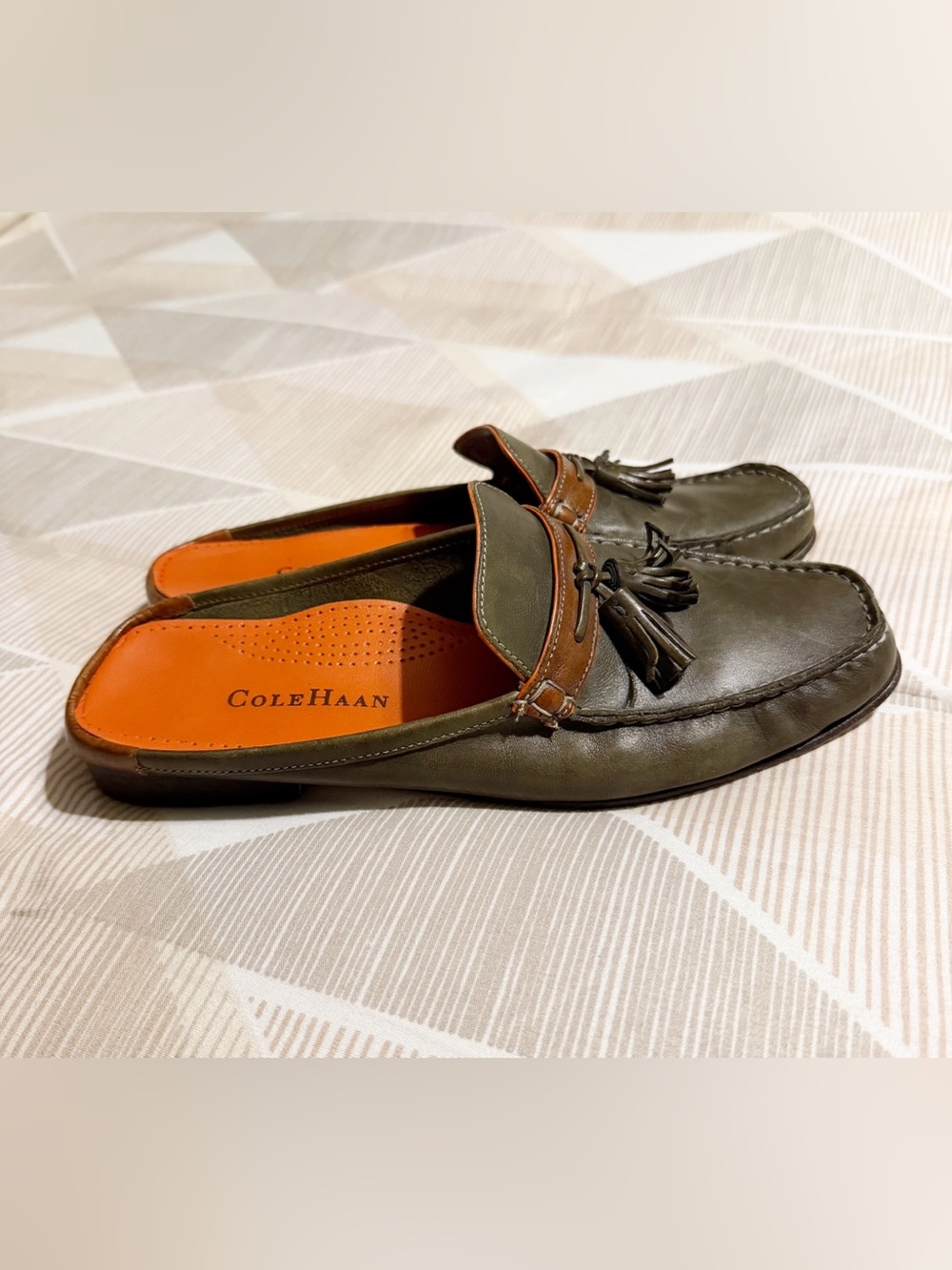 Cole Haan Olive Green Leather Tassel Backless Loafers with Brown/Orange Trim